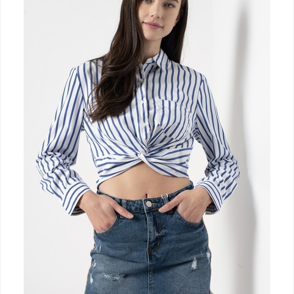 Timing Blue & White Striped Twist-Front Button Down Xrop Shirt Sz.S NWT